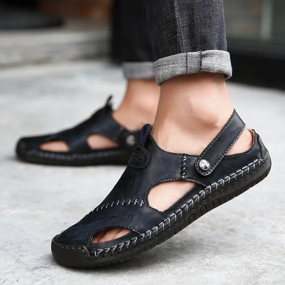 Men's Brown Woven Leather Closed Toe Beach Sandals