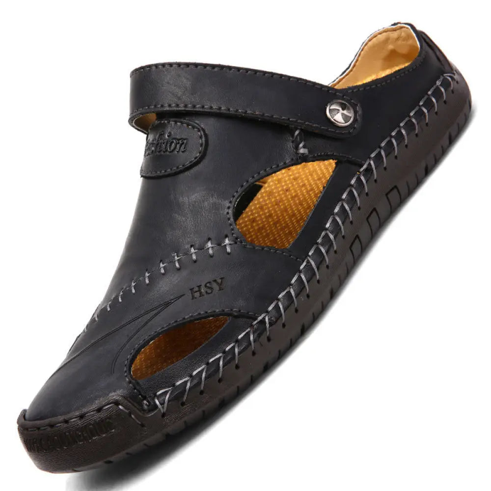 Men's Brown Woven Leather Closed Toe Beach Sandals