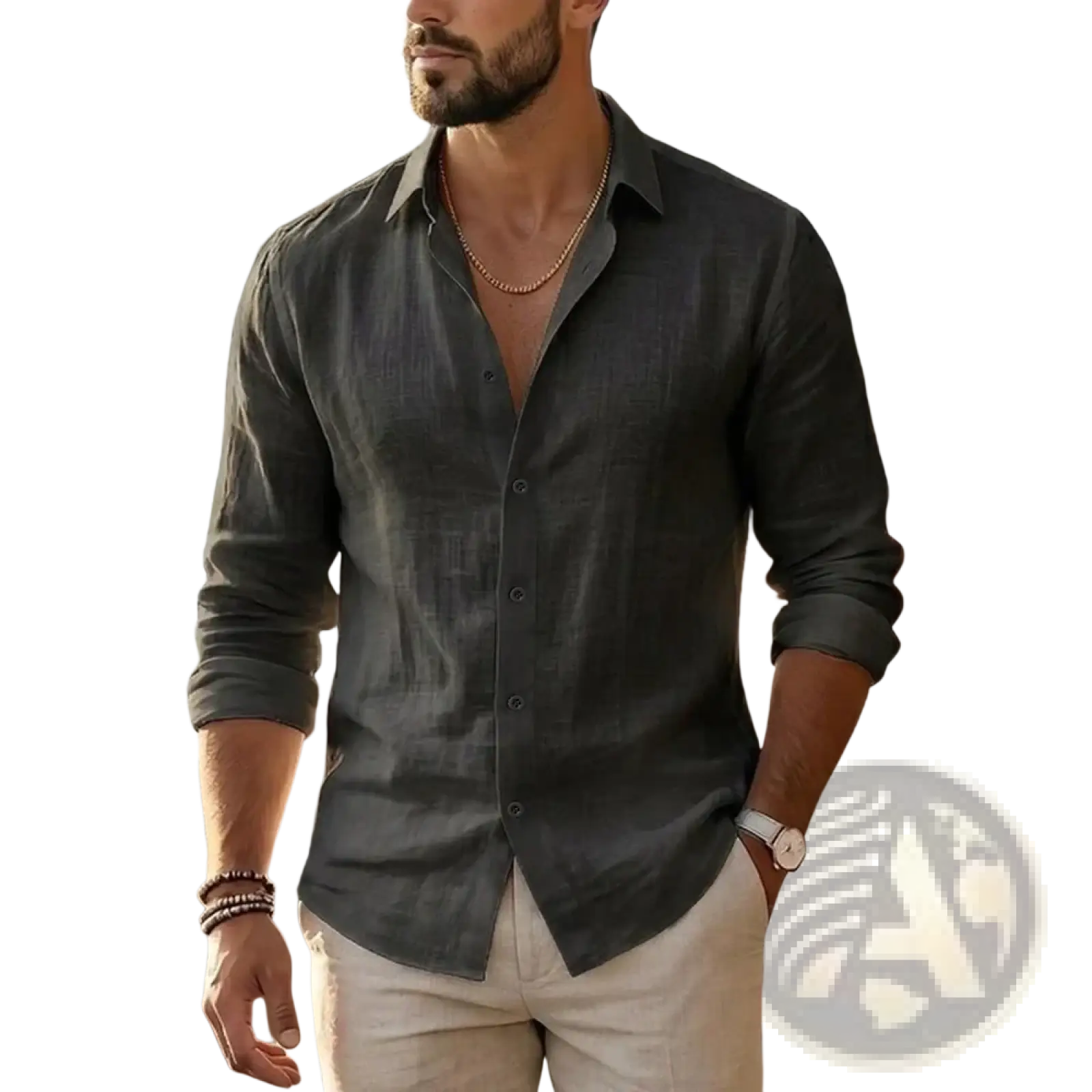 Mens Cotton Linen Long Sleeve Casual Shirt