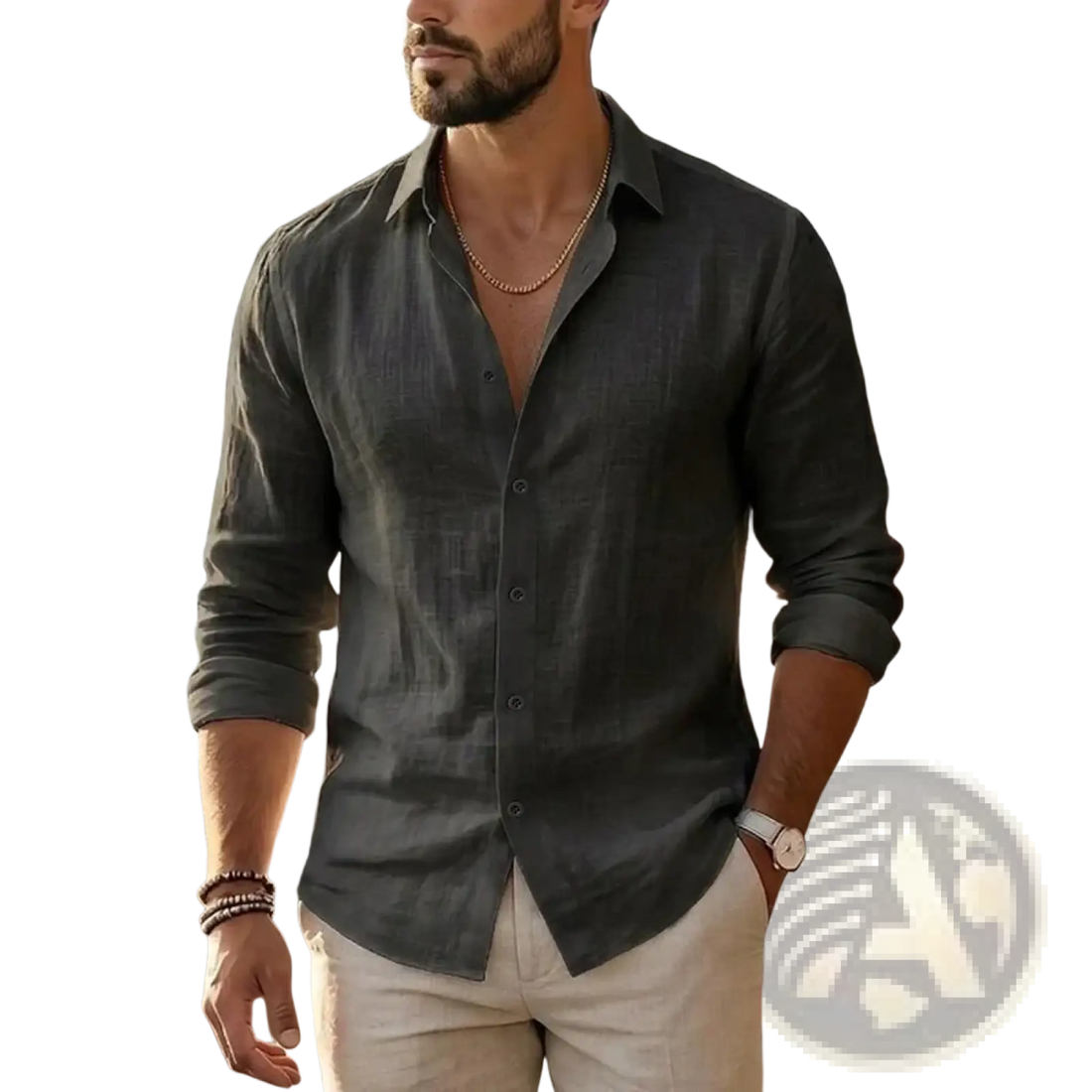 Mens Cotton Linen Long Sleeve Casual Shirt