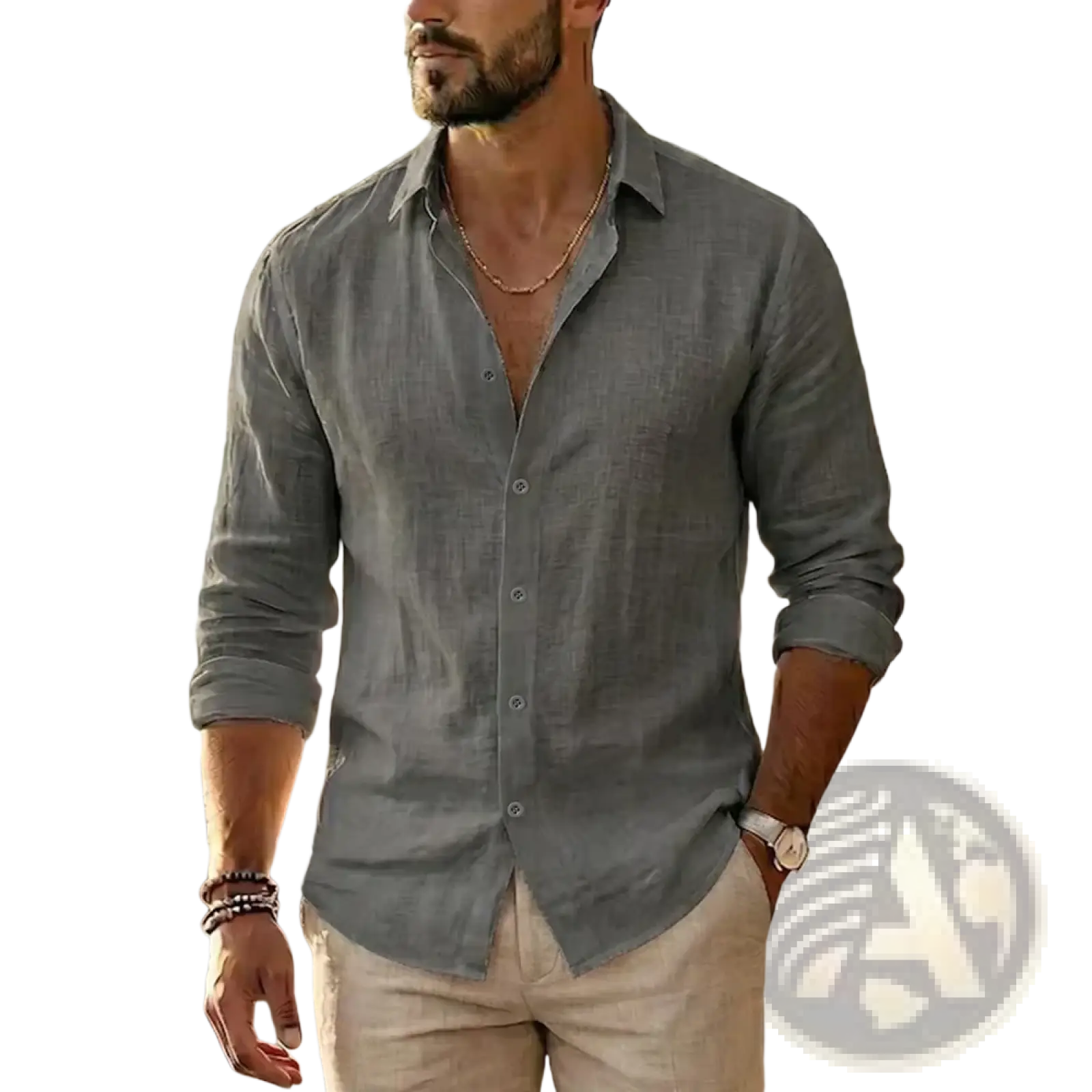 Mens Cotton Linen Long Sleeve Casual Shirt