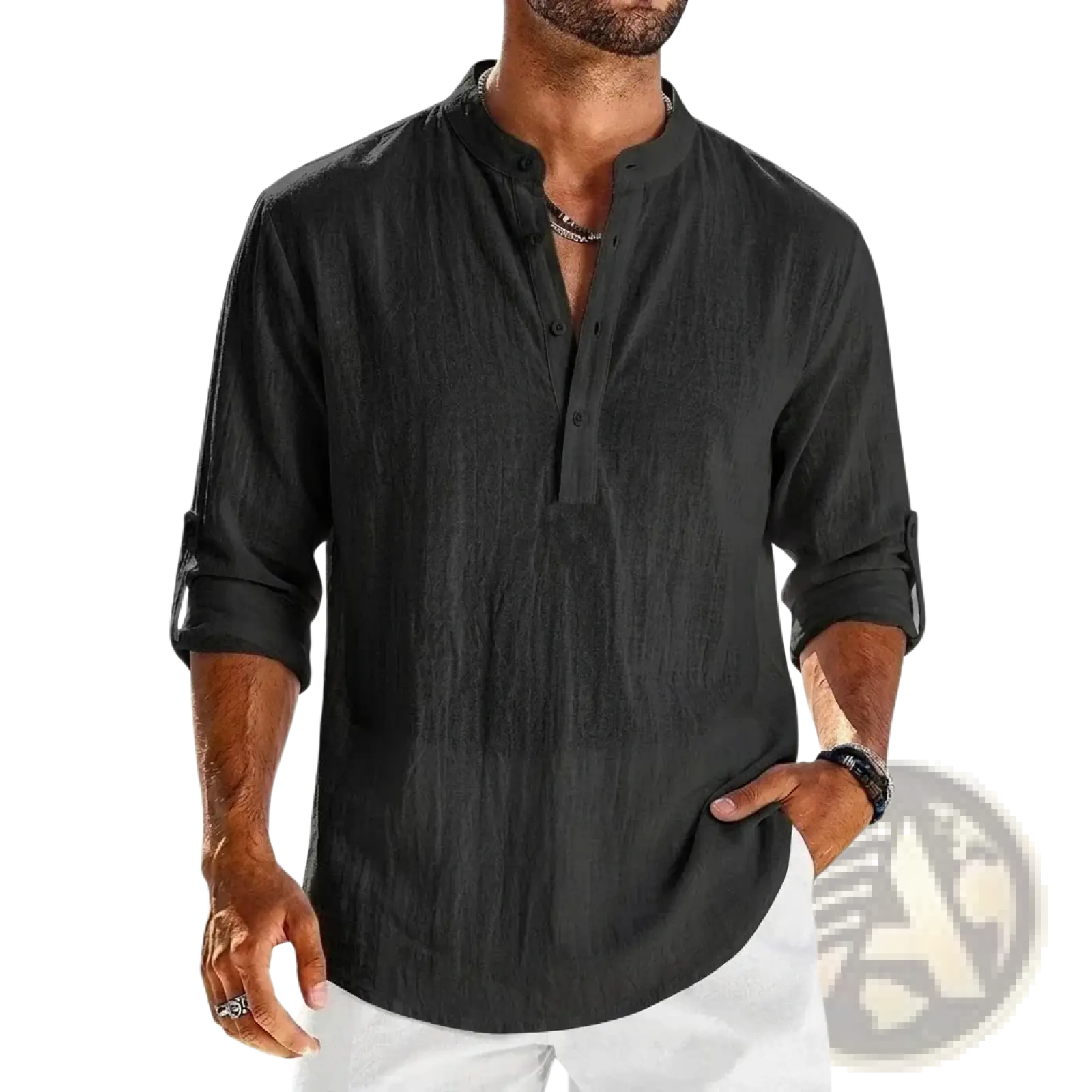 Men's Cotton Linen Long Sleeve Henley Shirt