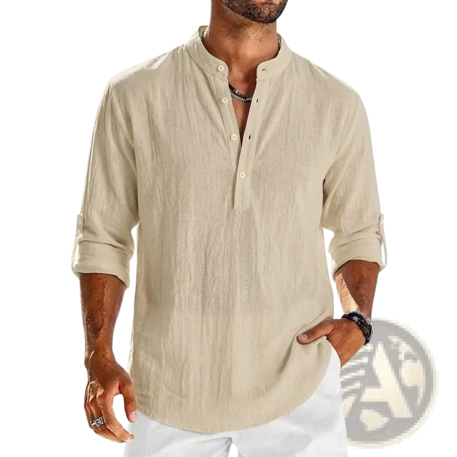 Men's Cotton Linen Long Sleeve Henley Shirt
