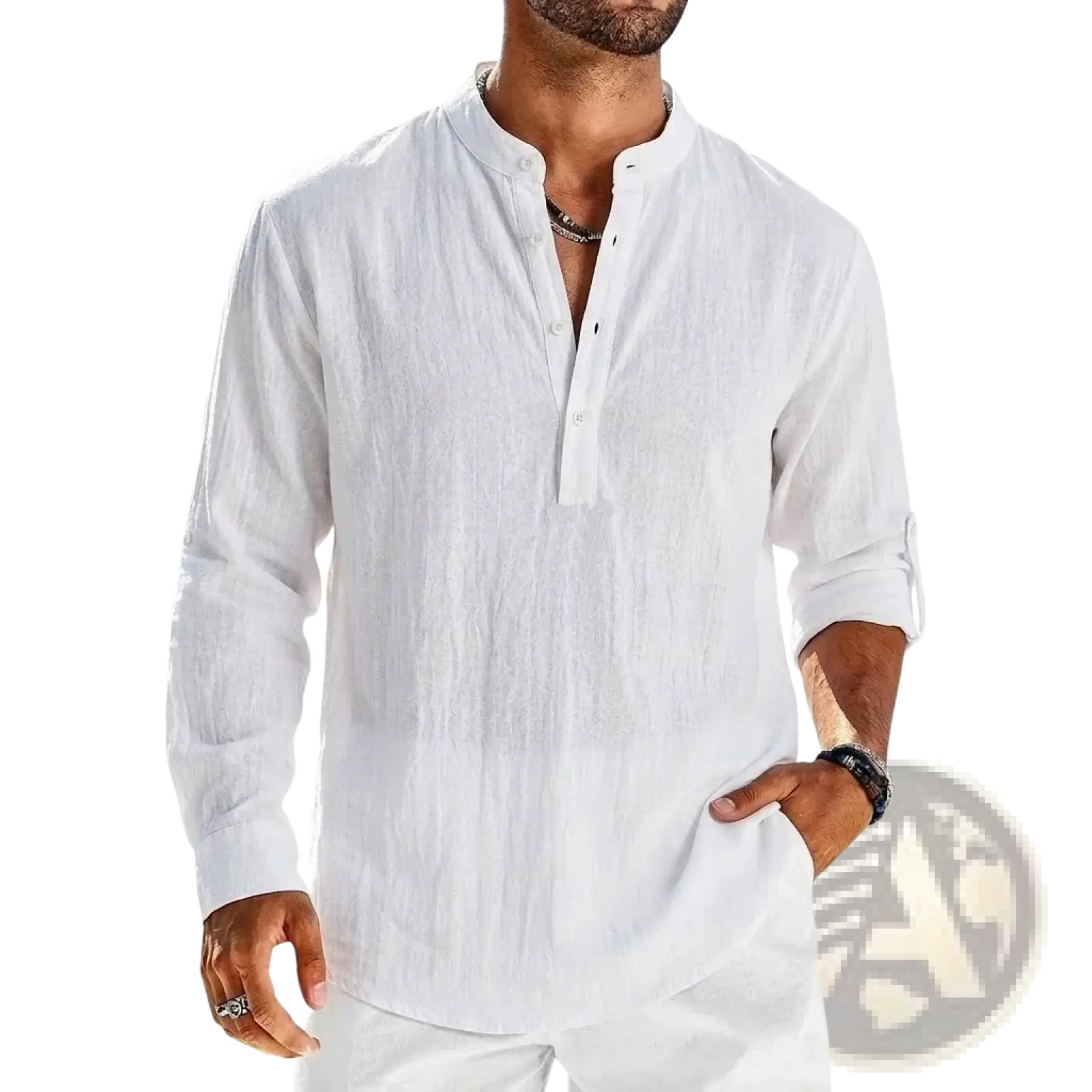 Men's Cotton Linen Long Sleeve Henley Shirt