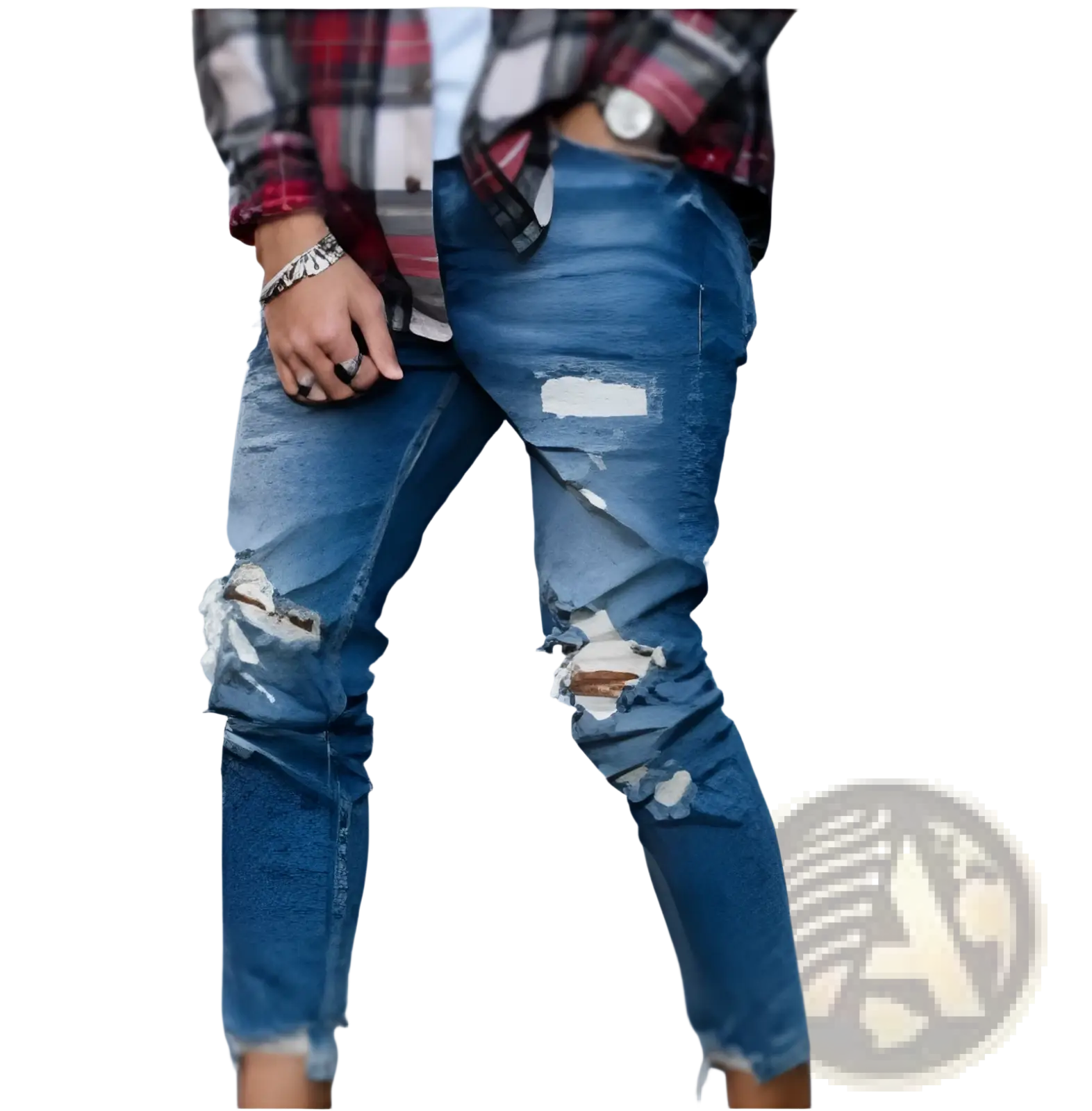 Men's Distressed Blue Denim Ripped Knee Jeans