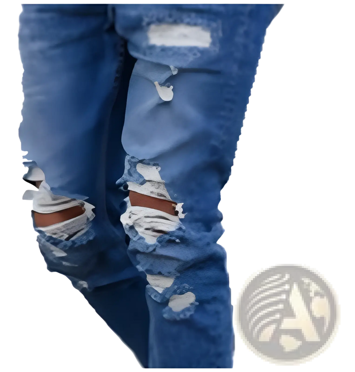 Men's Distressed Blue Denim Ripped Knee Jeans