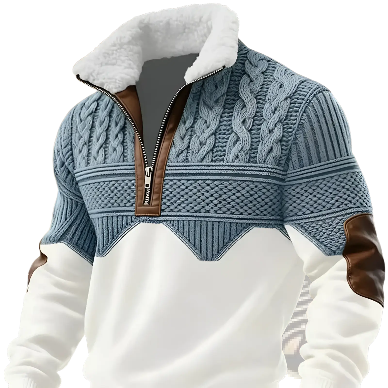 Men's Faux Fur Trim Cable Knit Half Zip Sweater