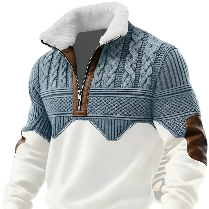 Men's Faux Fur Trim Cable Knit Half Zip Sweater