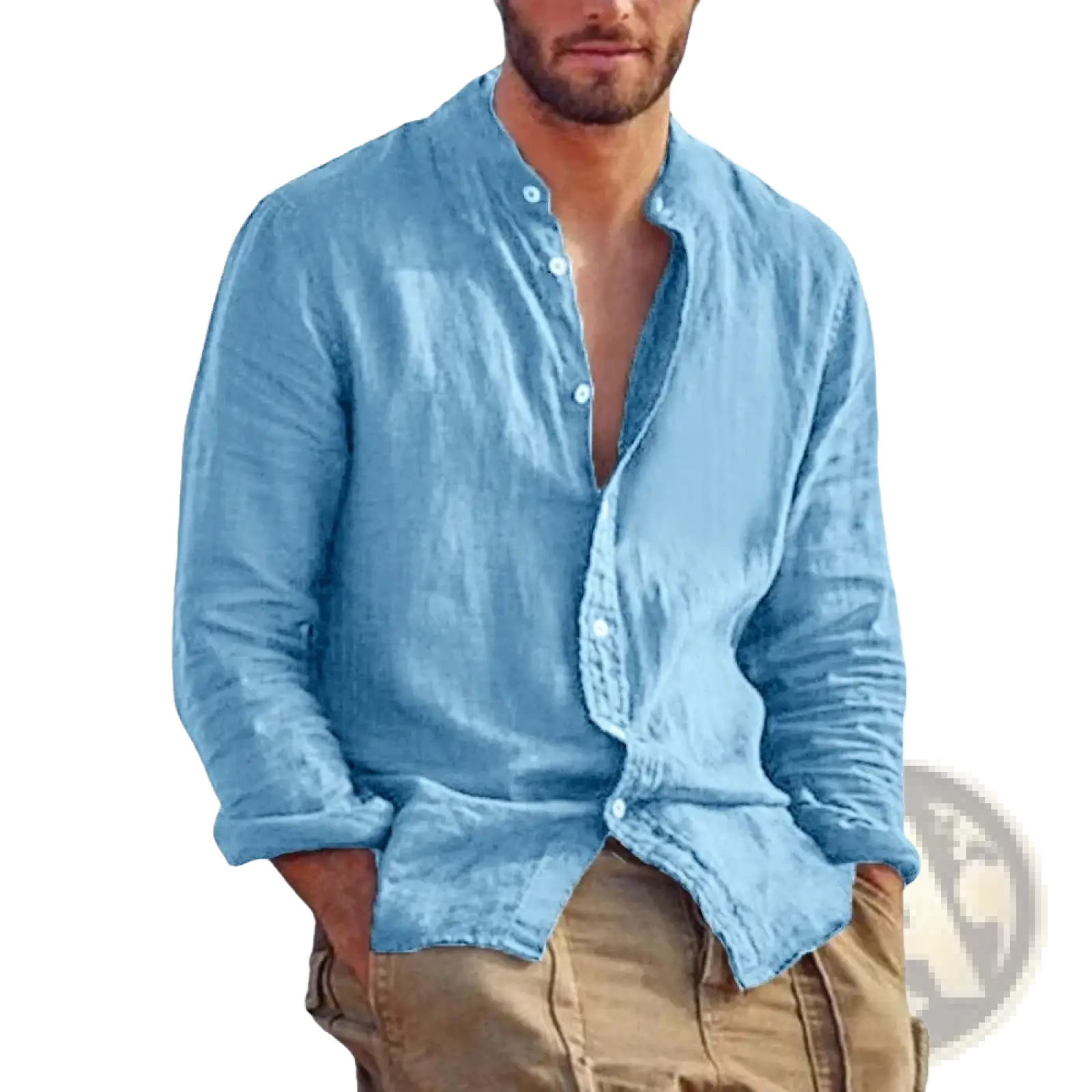 Men's Linen Long Sleeve Stand Collar Casual Shirt