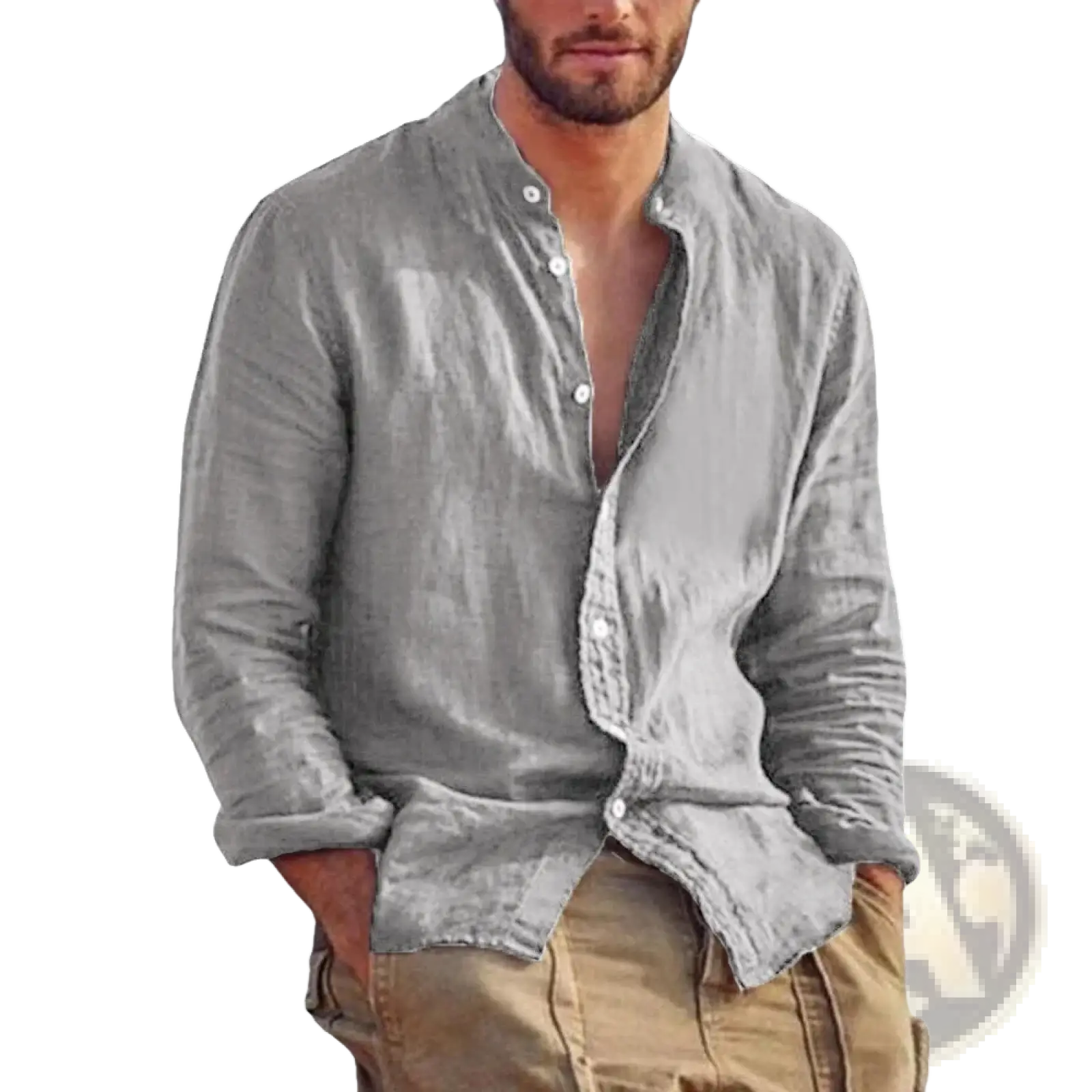 Men's Linen Long Sleeve Stand Collar Casual Shirt