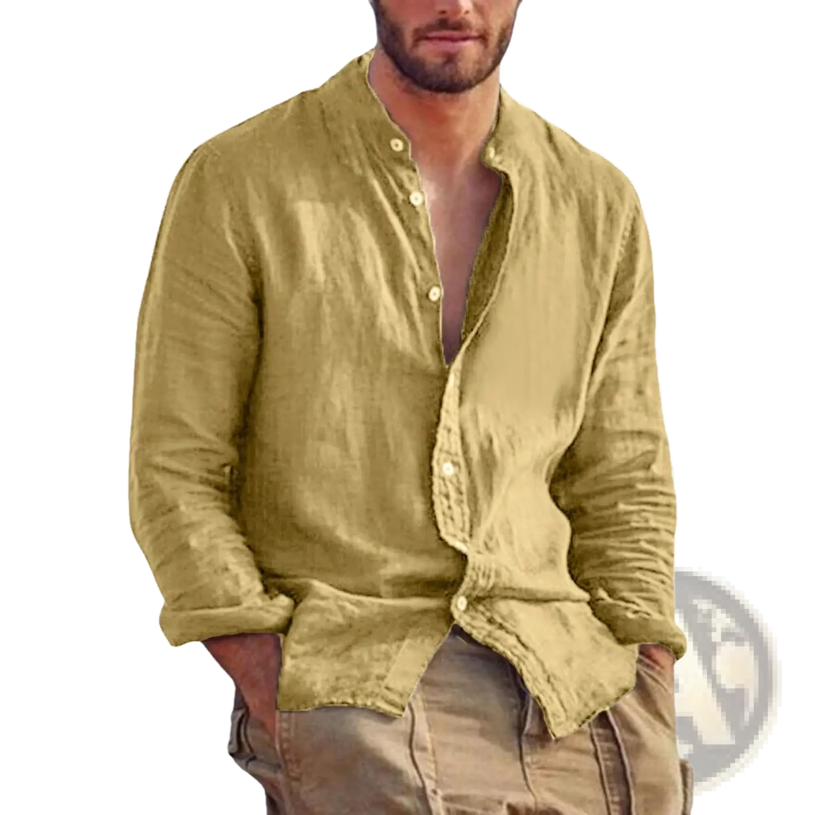 Men's Linen Long Sleeve Stand Collar Casual Shirt