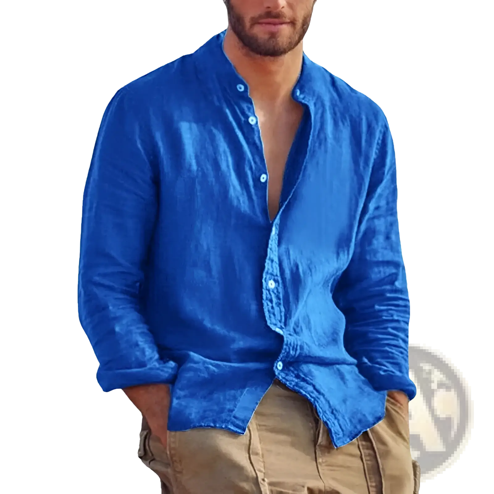 Men's Linen Long Sleeve Stand Collar Casual Shirt