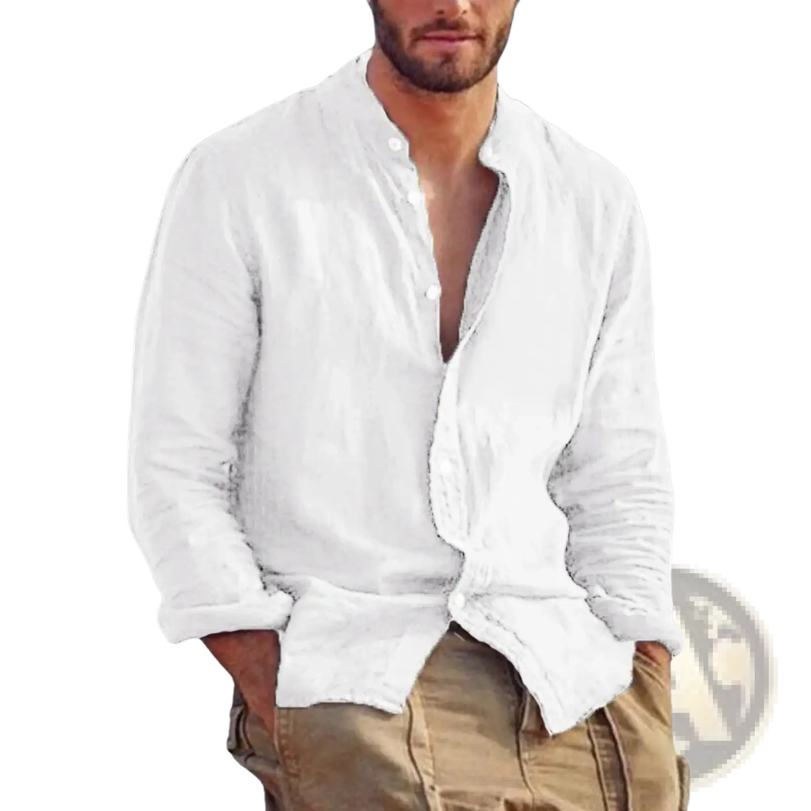 Men's Linen Long Sleeve Stand Collar Casual Shirt