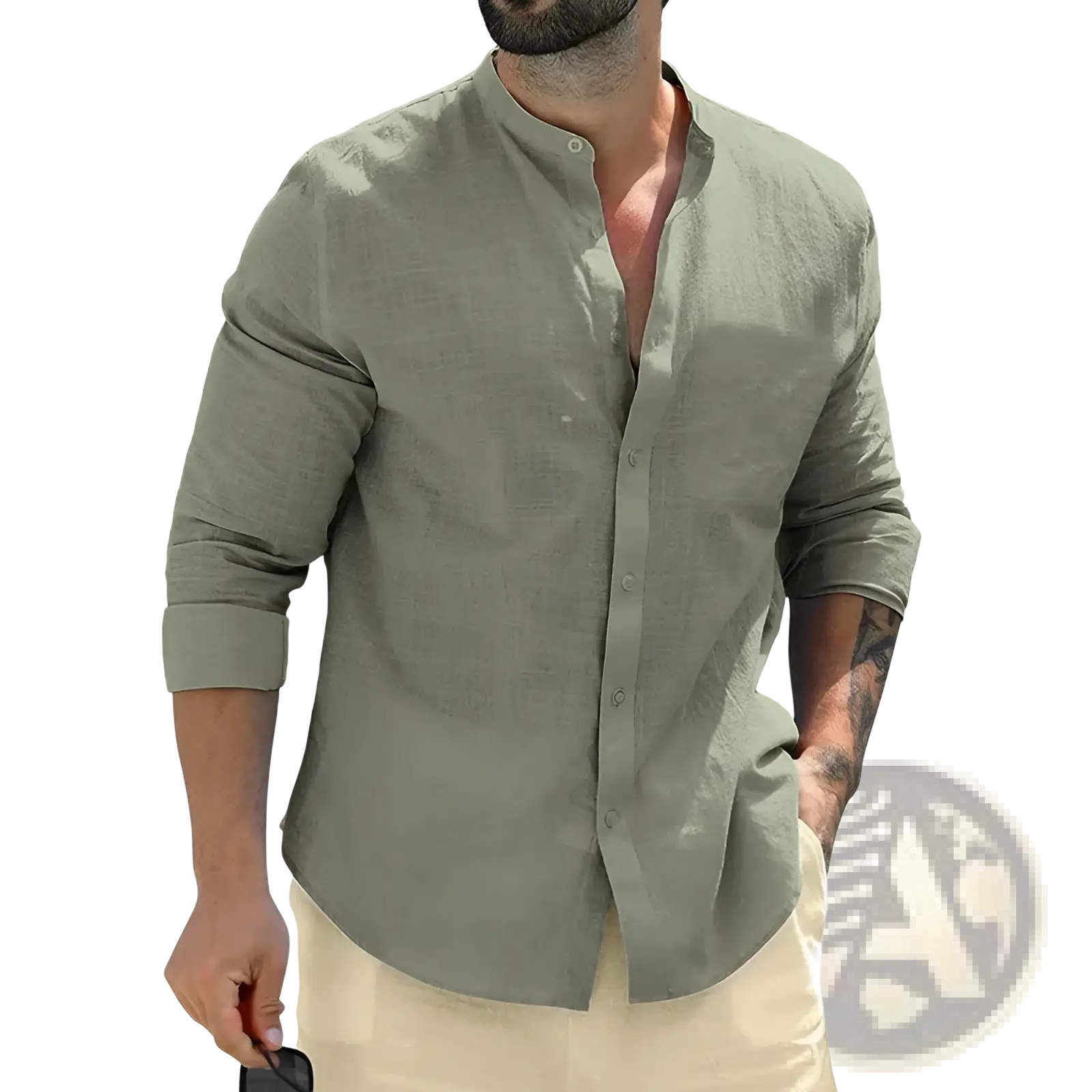 Mens Linen Mandarin Collar Casual Shirt