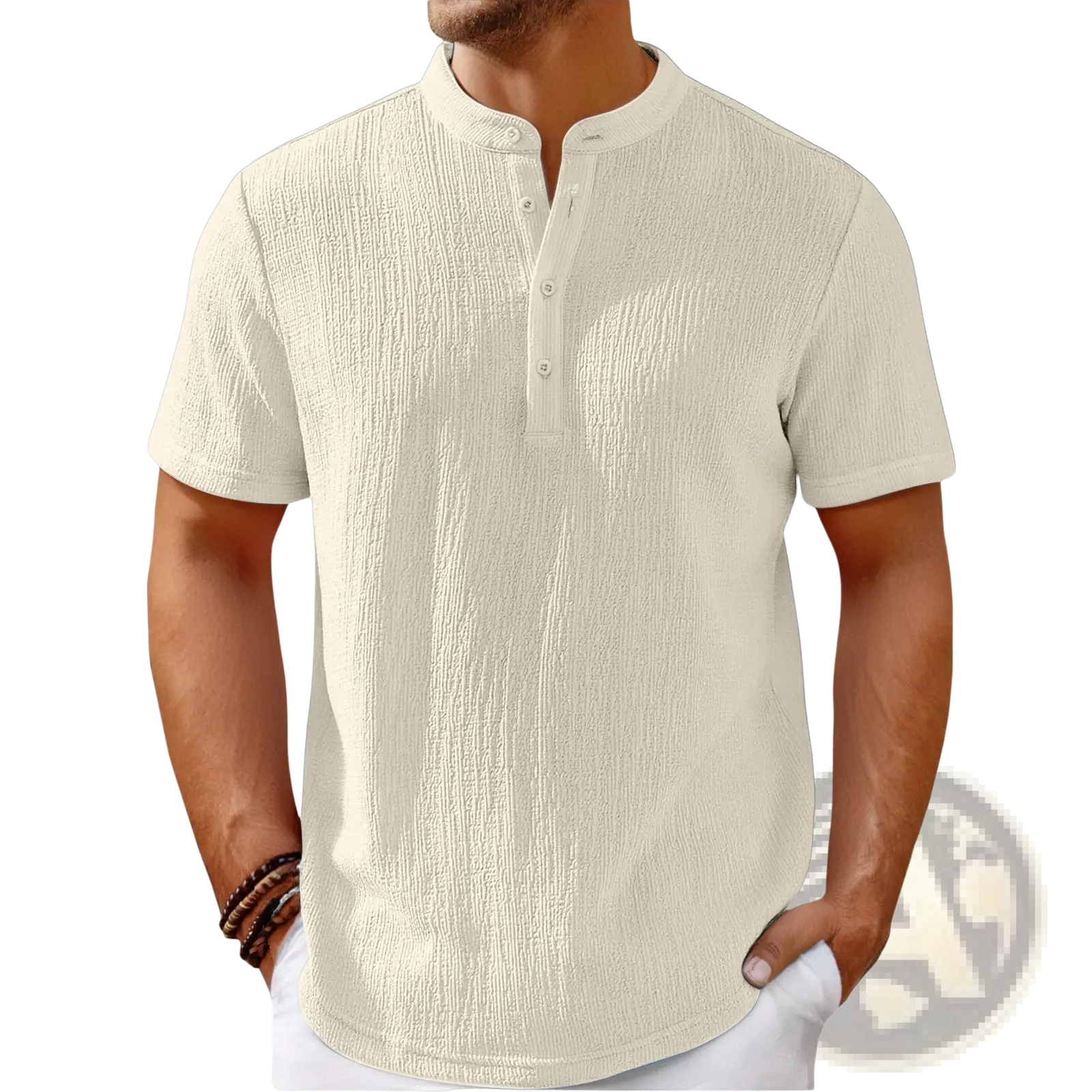 Men's Retro Textured Cotton Linen Henley Shirt