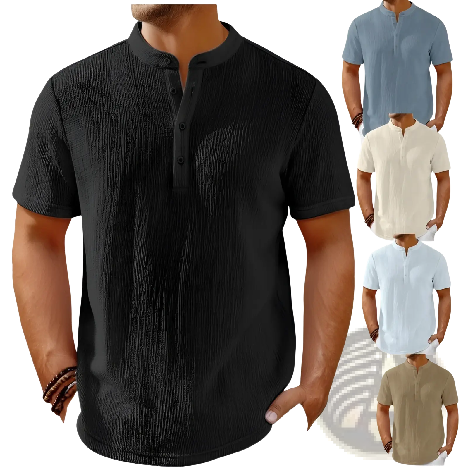 Men's Retro Textured Cotton Linen Henley Shirt