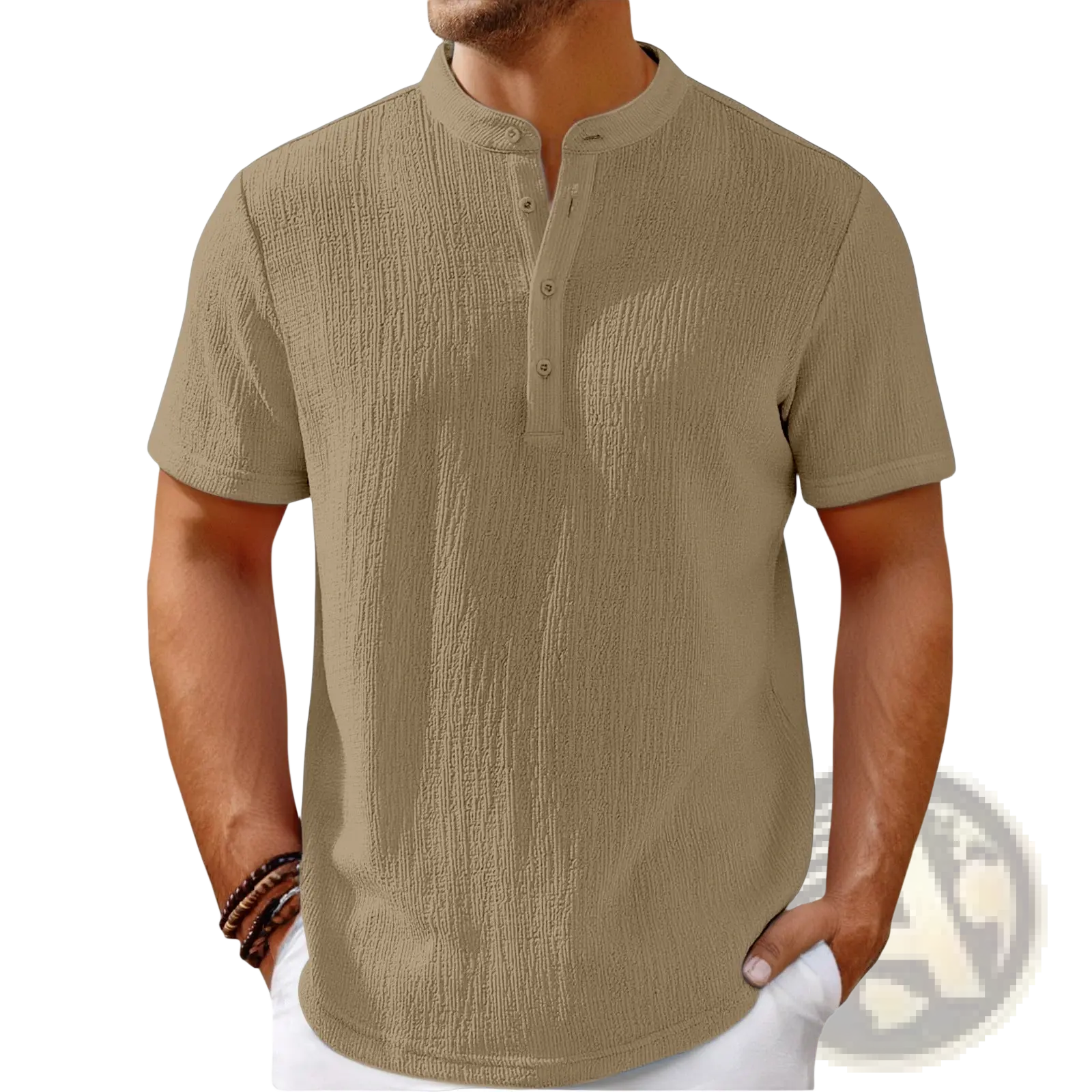 Men's Retro Textured Cotton Linen Henley Shirt