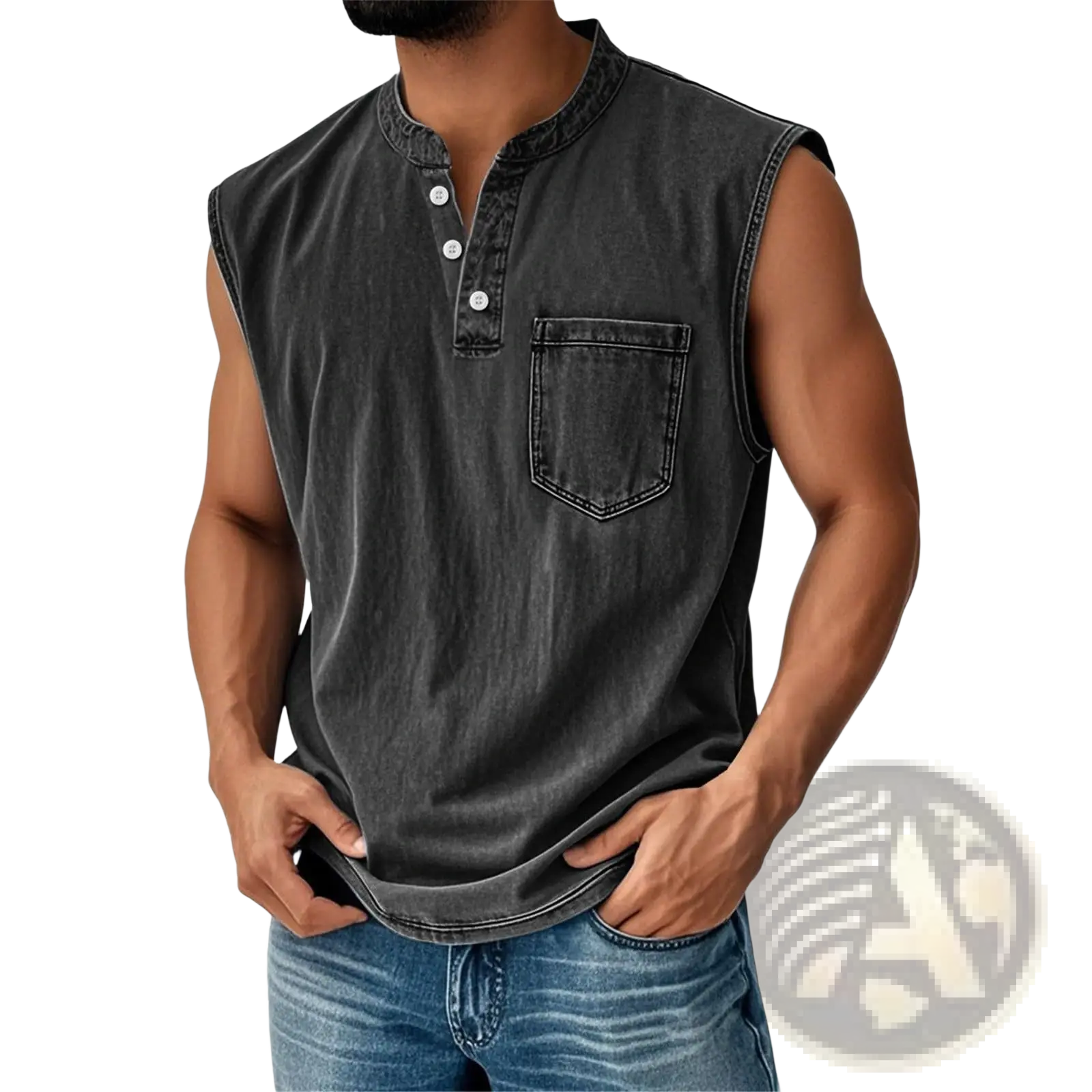 Men's Slim Fit Sleeveless Denim Henley Shirt