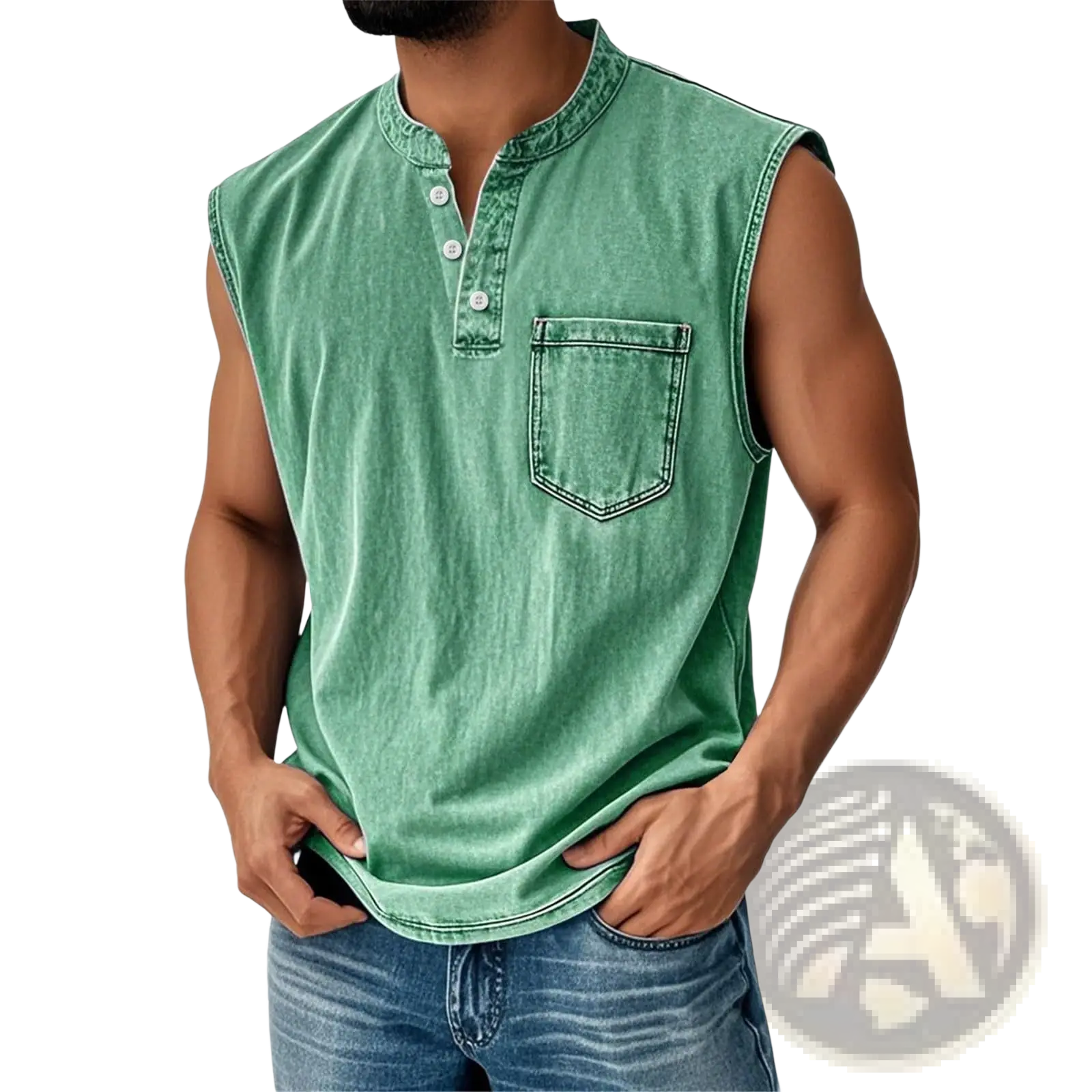 Men's Slim Fit Sleeveless Denim Henley Shirt