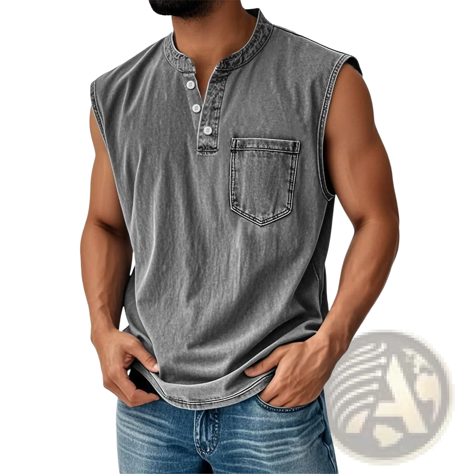 Men's Slim Fit Sleeveless Denim Henley Shirt