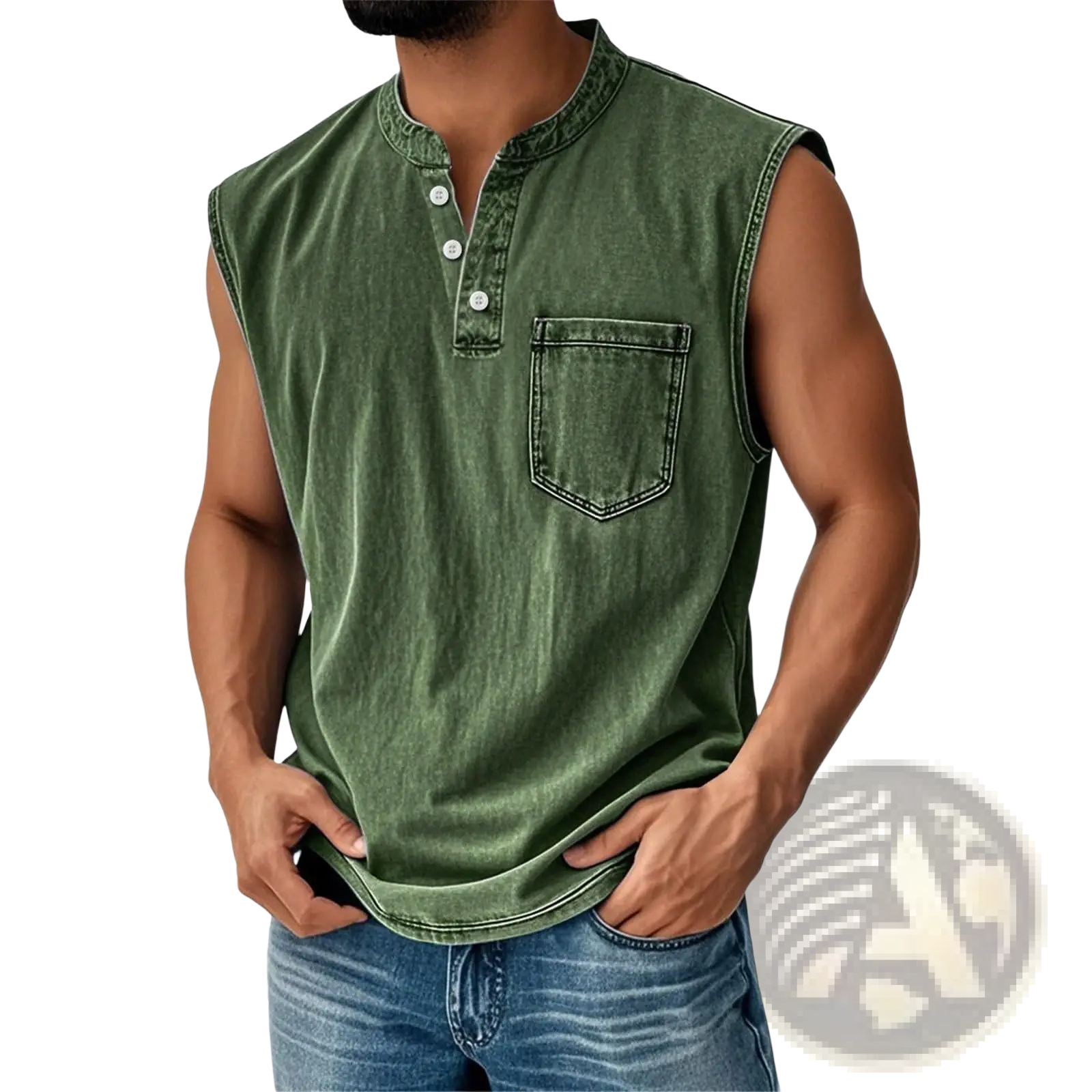 Men's Slim Fit Sleeveless Denim Henley Shirt