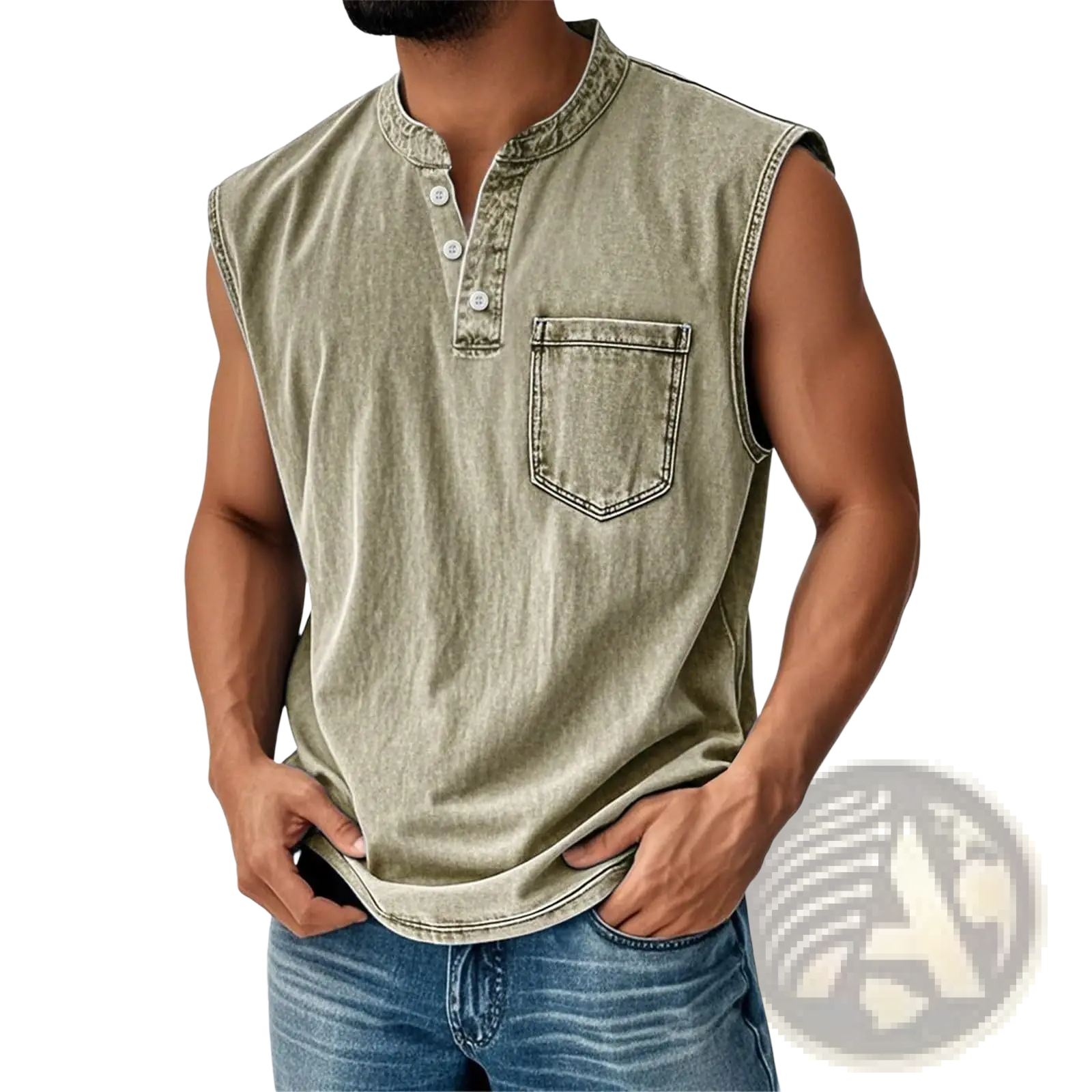 Men's Slim Fit Sleeveless Denim Henley Shirt