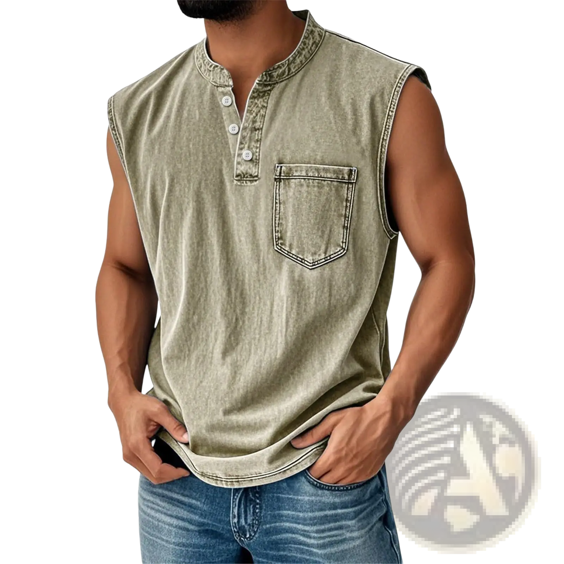 Men's Slim Fit Sleeveless Denim Henley Shirt