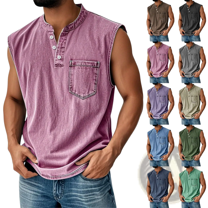 Men's Slim Fit Sleeveless Denim Henley Shirt