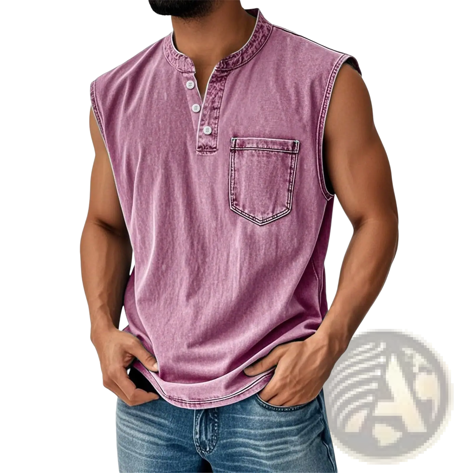 Men's Slim Fit Sleeveless Denim Henley Shirt