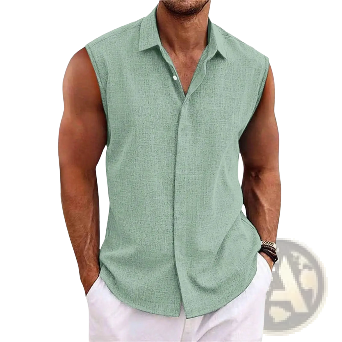 Men's Slim Fit Textured Sleeveless Linen Blend Beach Shirt