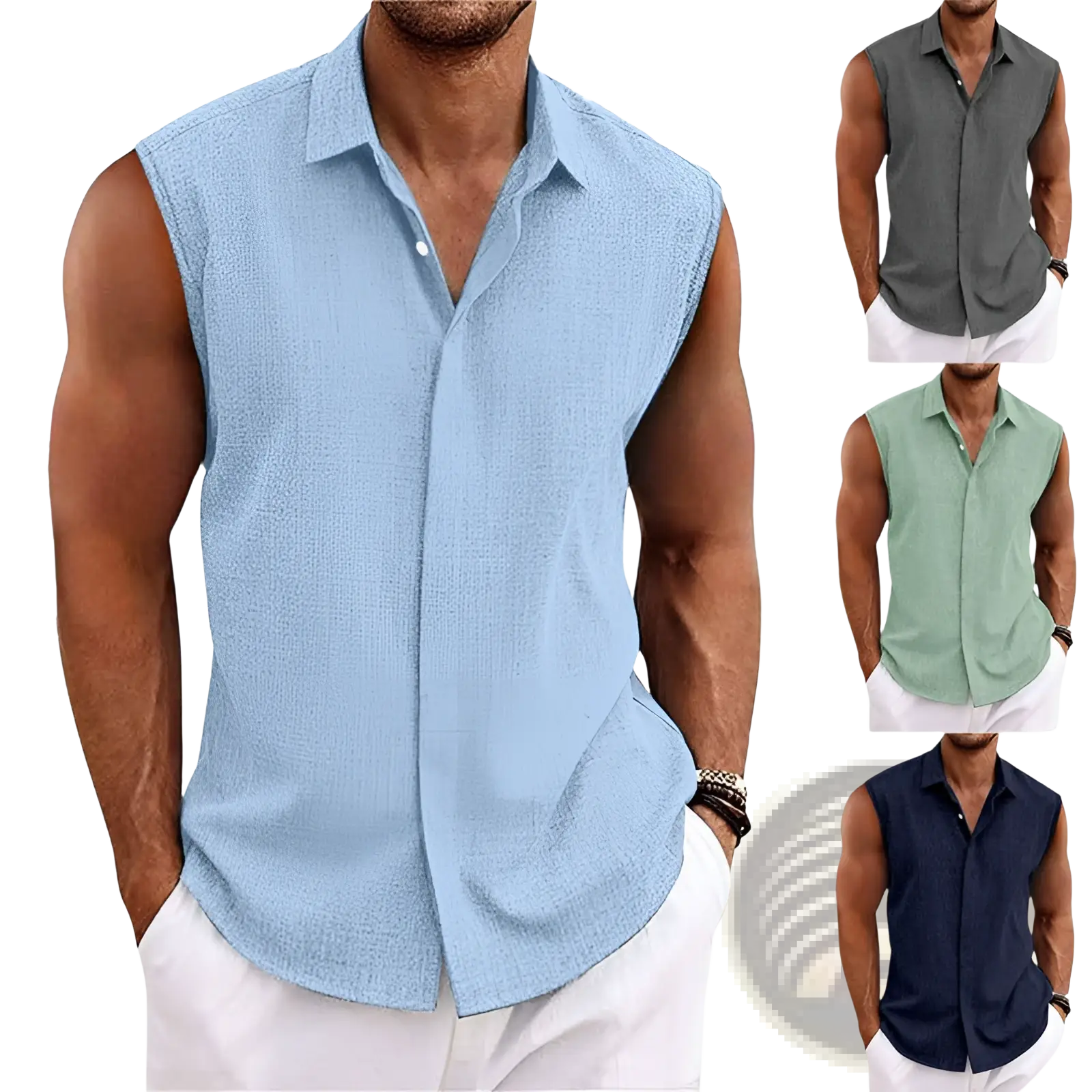Men's Slim Fit Textured Sleeveless Linen Blend Beach Shirt
