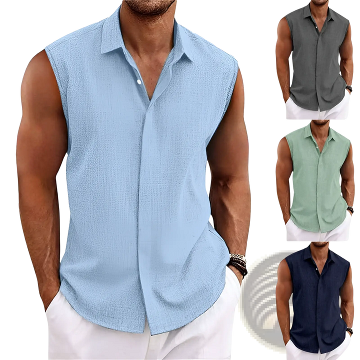 Men's Slim Fit Textured Sleeveless Linen Blend Beach Shirt