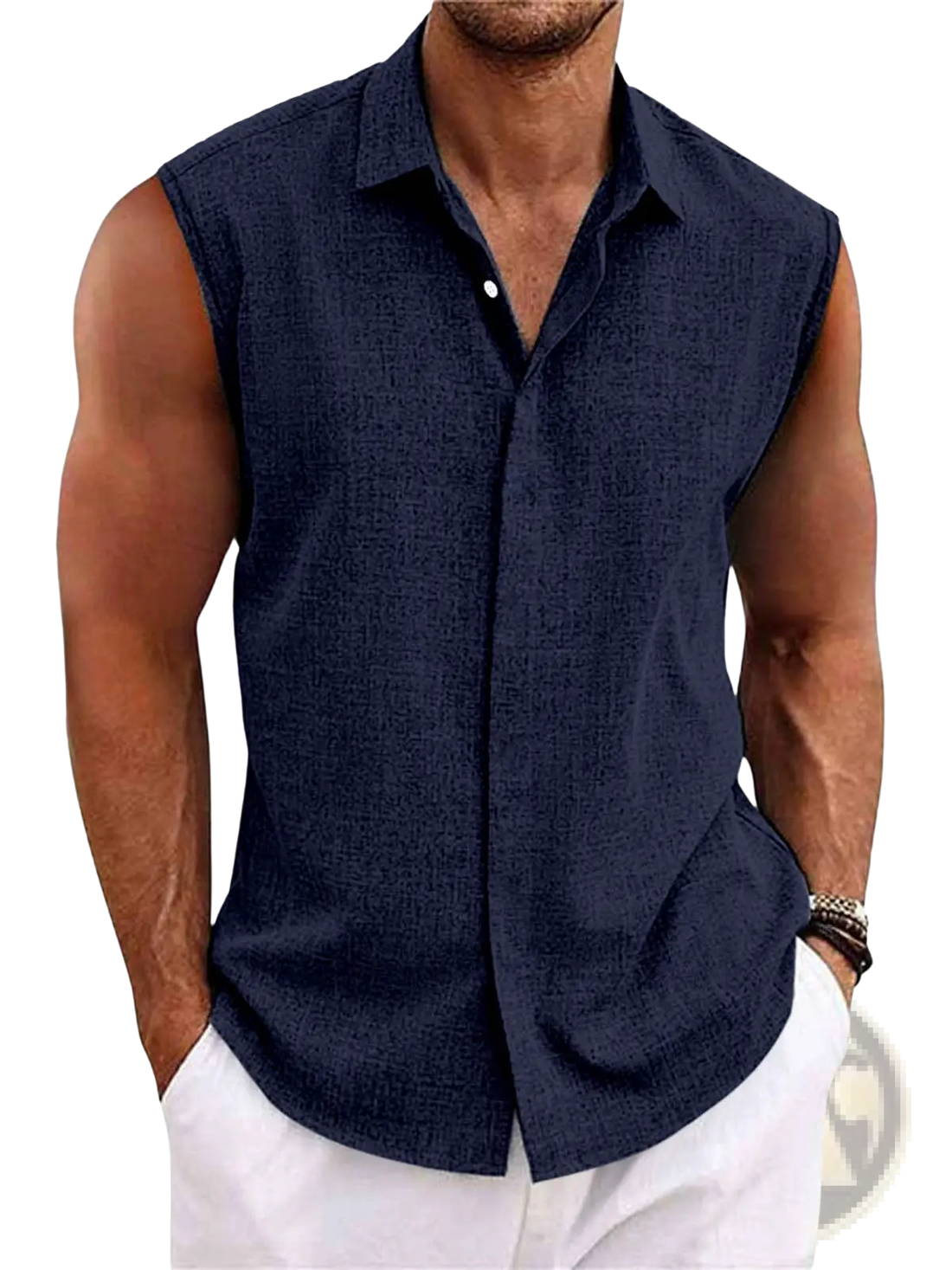 Men's Slim Fit Textured Sleeveless Linen Blend Beach Shirt