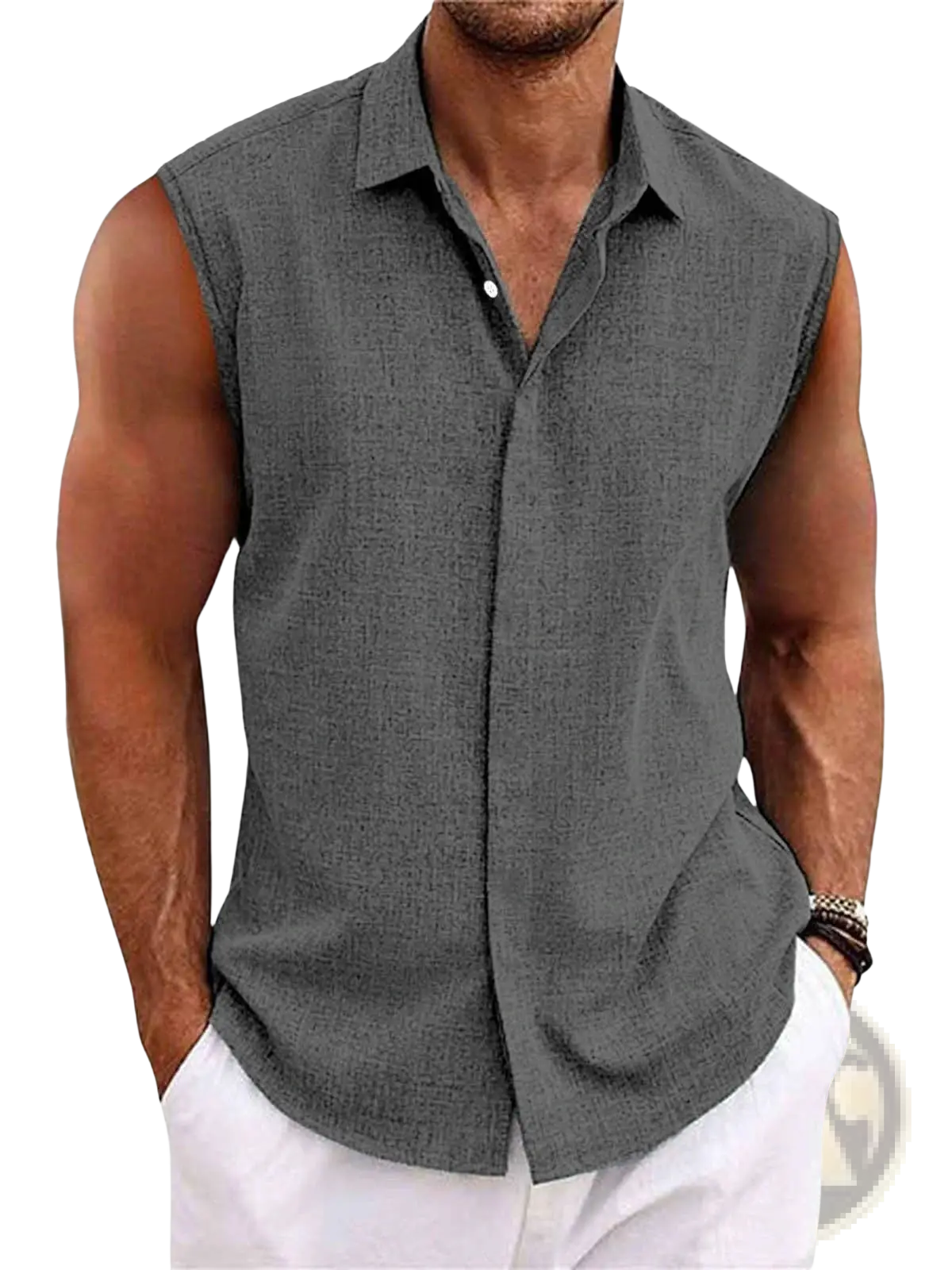 Men's Slim Fit Textured Sleeveless Linen Blend Beach Shirt