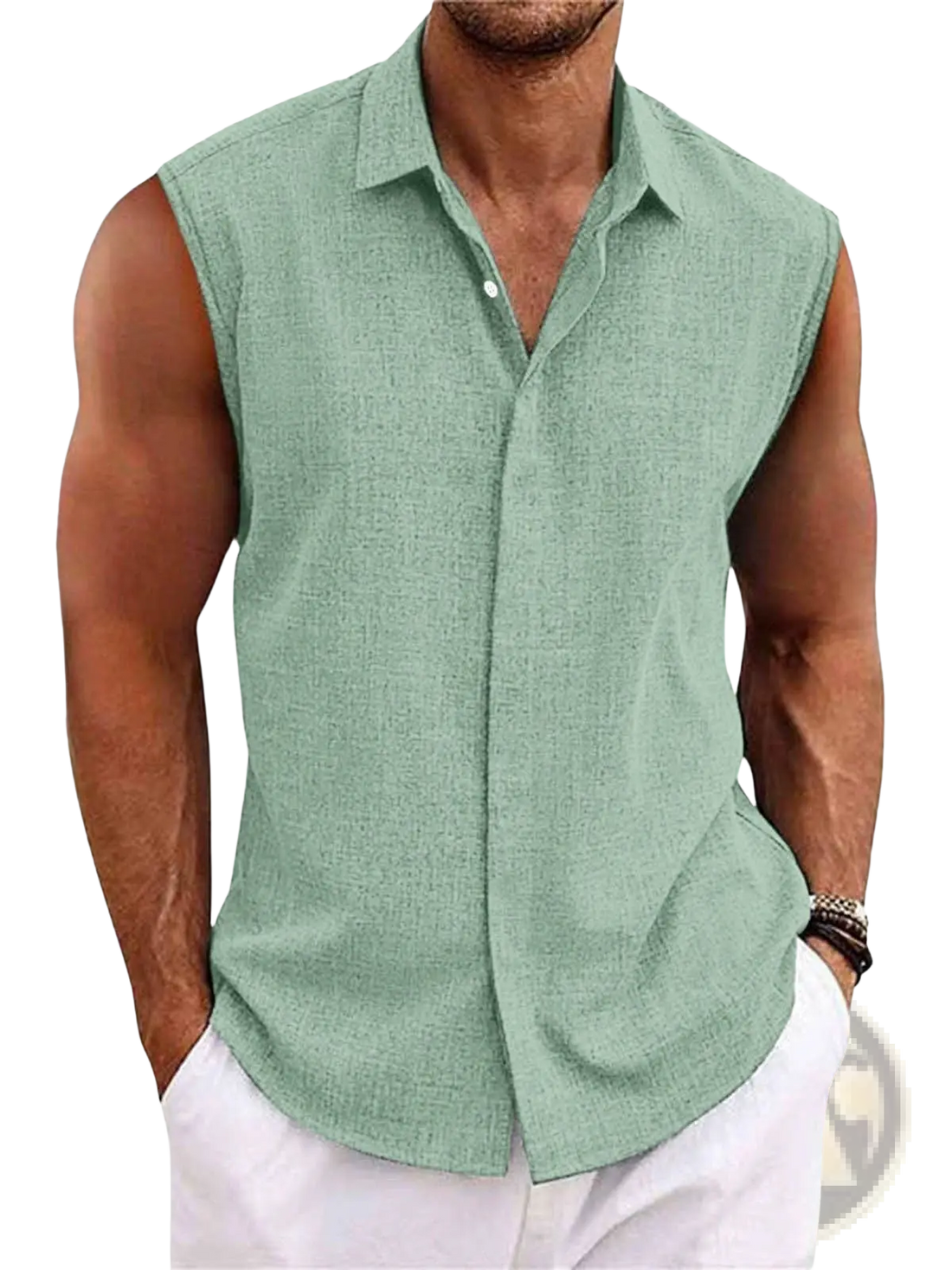 Men's Slim Fit Textured Sleeveless Linen Blend Beach Shirt