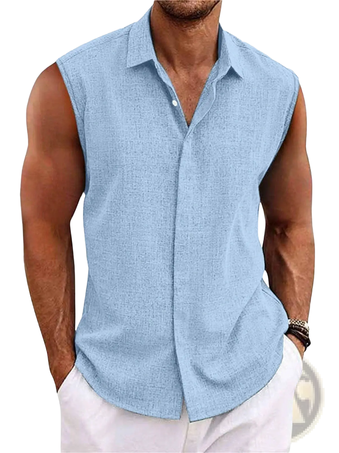 Men's Slim Fit Textured Sleeveless Linen Blend Beach Shirt
