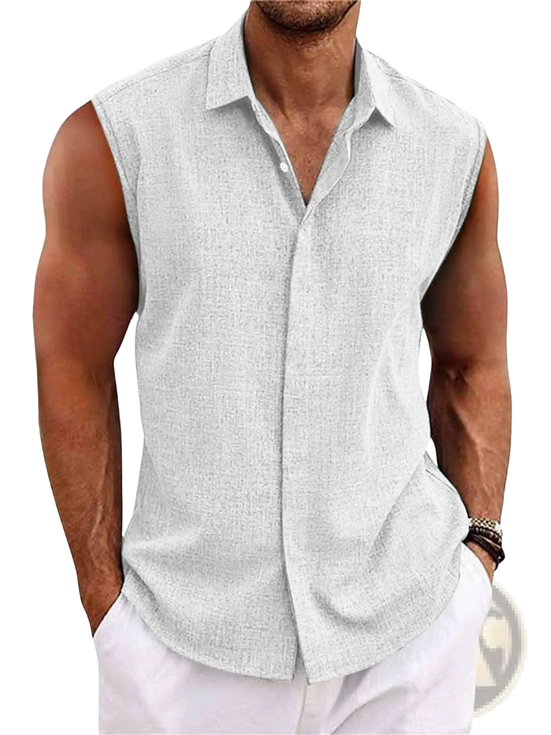Men's Slim Fit Textured Sleeveless Linen Blend Beach Shirt