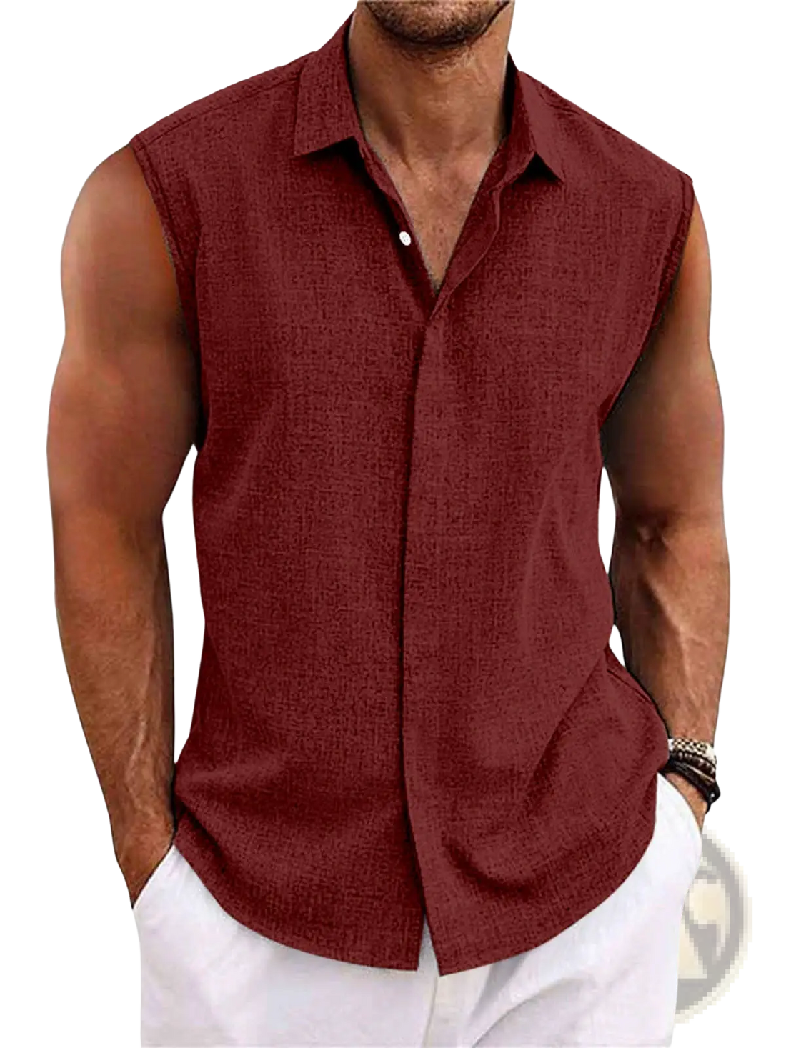 Men's Slim Fit Textured Sleeveless Linen Blend Beach Shirt