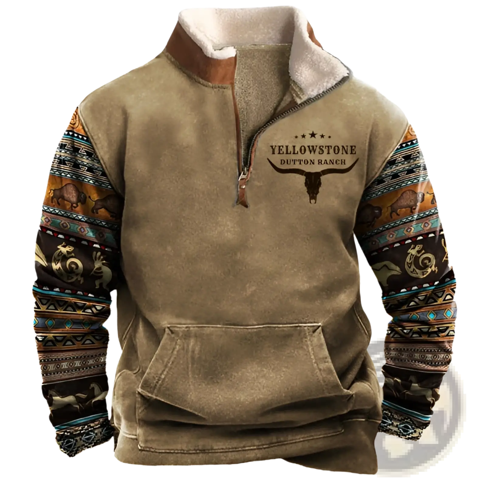 Men's Vintage Yellowstone Tribal Print Fleece Quarter Zip Jacket