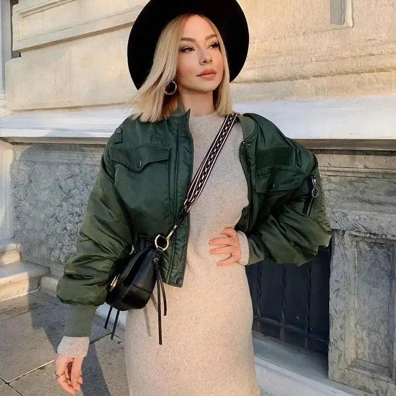 New Classic Design Autumn Winter Green Short Jackets Women Fashionable Long Sleeve Zipper Bomber Jacket Outwear Women's Coat