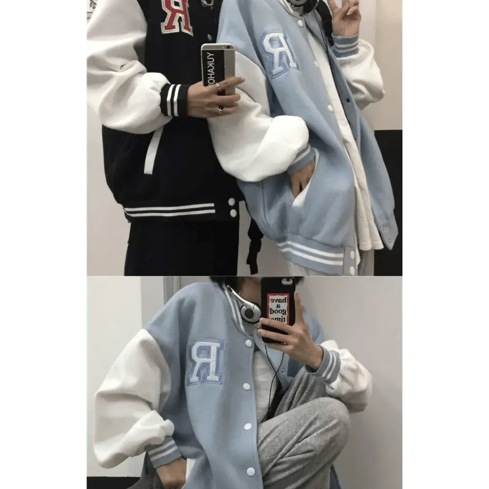 New Elegance Spring Autumn Coat Baseball Bomber Jacket Loose Letter R Men Women Couples Tops Plus Size Jackets Streetwear