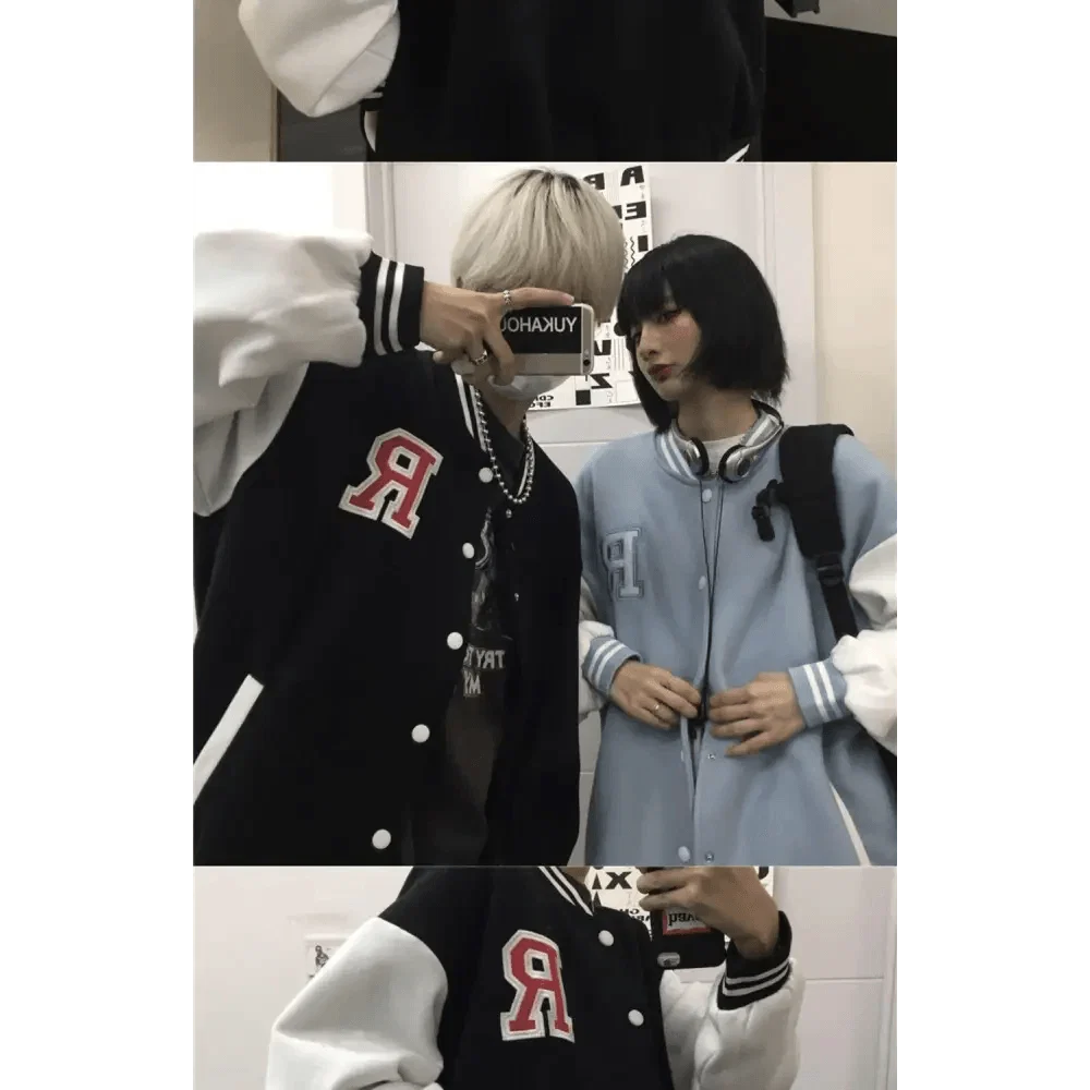 New Elegance Spring Autumn Coat Baseball Bomber Jacket Loose Letter R Men Women Couples Tops Plus Size Jackets Streetwear