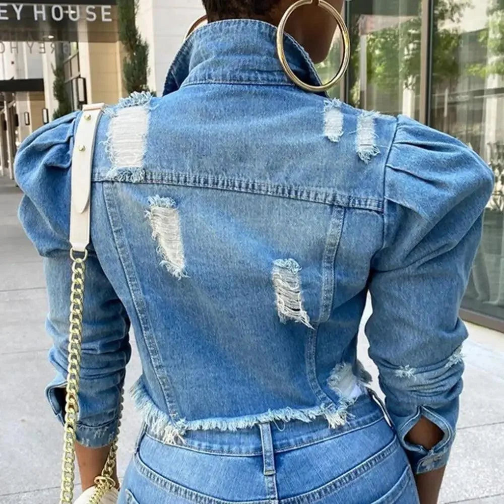 New Incredible Spring Women Sexy Ripped Denim Jackets Vintage Casual Short Jean Jacket Puff Sleeve Winter Female Coat Streetwear