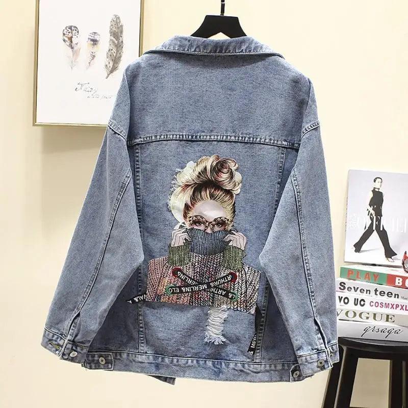 New Sizzling Women's Denim Jacket Fashionable Streetwear Letter Stylish Chic Printed Ripped Holes Jean Patchwork Jeans Female Coat