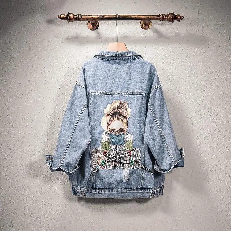 New Sizzling Women's Denim Jacket Fashionable Streetwear Letter Stylish Chic Printed Ripped Holes Jean Patchwork Jeans Female Coat