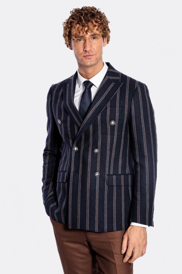 Wide Lapel Striped Double Breasted Navy Blue Men Blazer - Wessi