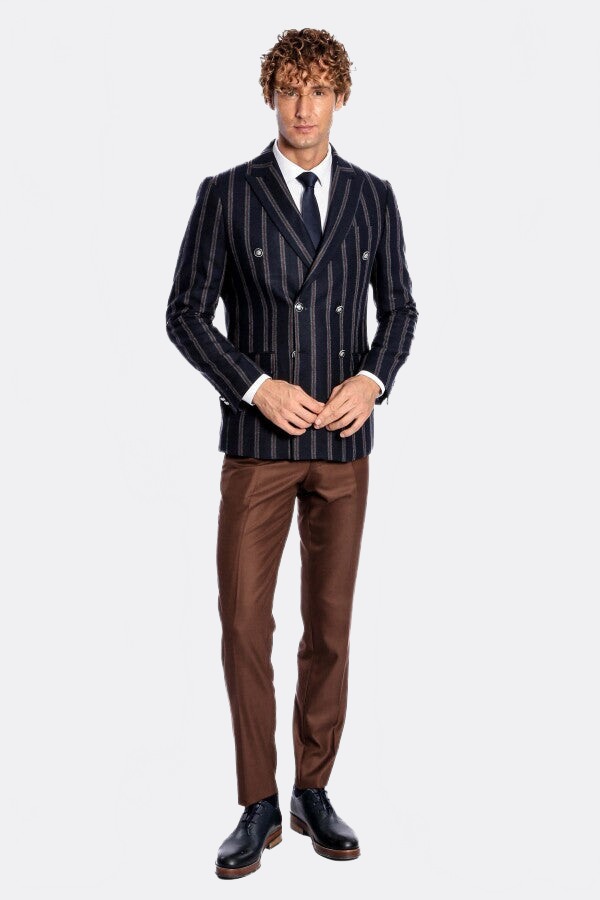 Wide Lapel Striped Double Breasted Navy Blue Men Blazer - Wessi