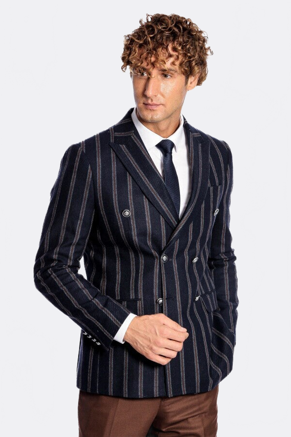 Wide Lapel Striped Double Breasted Navy Blue Men Blazer - Wessi