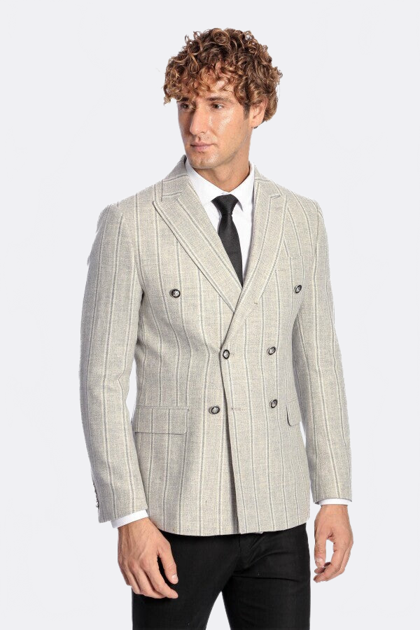 Wide Lapel Striped Double Breasted Grey Men Blazer - Wessi