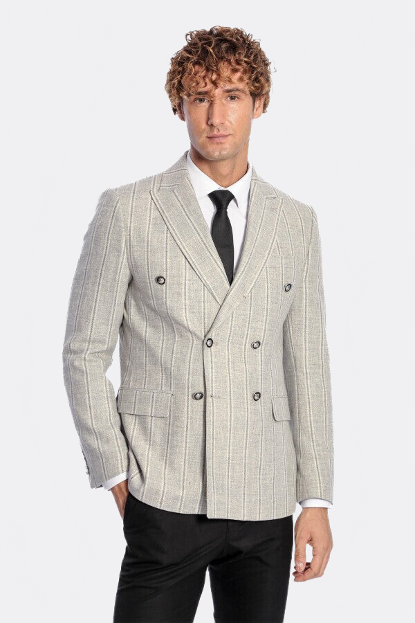 Wide Lapel Striped Double Breasted Grey Men Blazer - Wessi